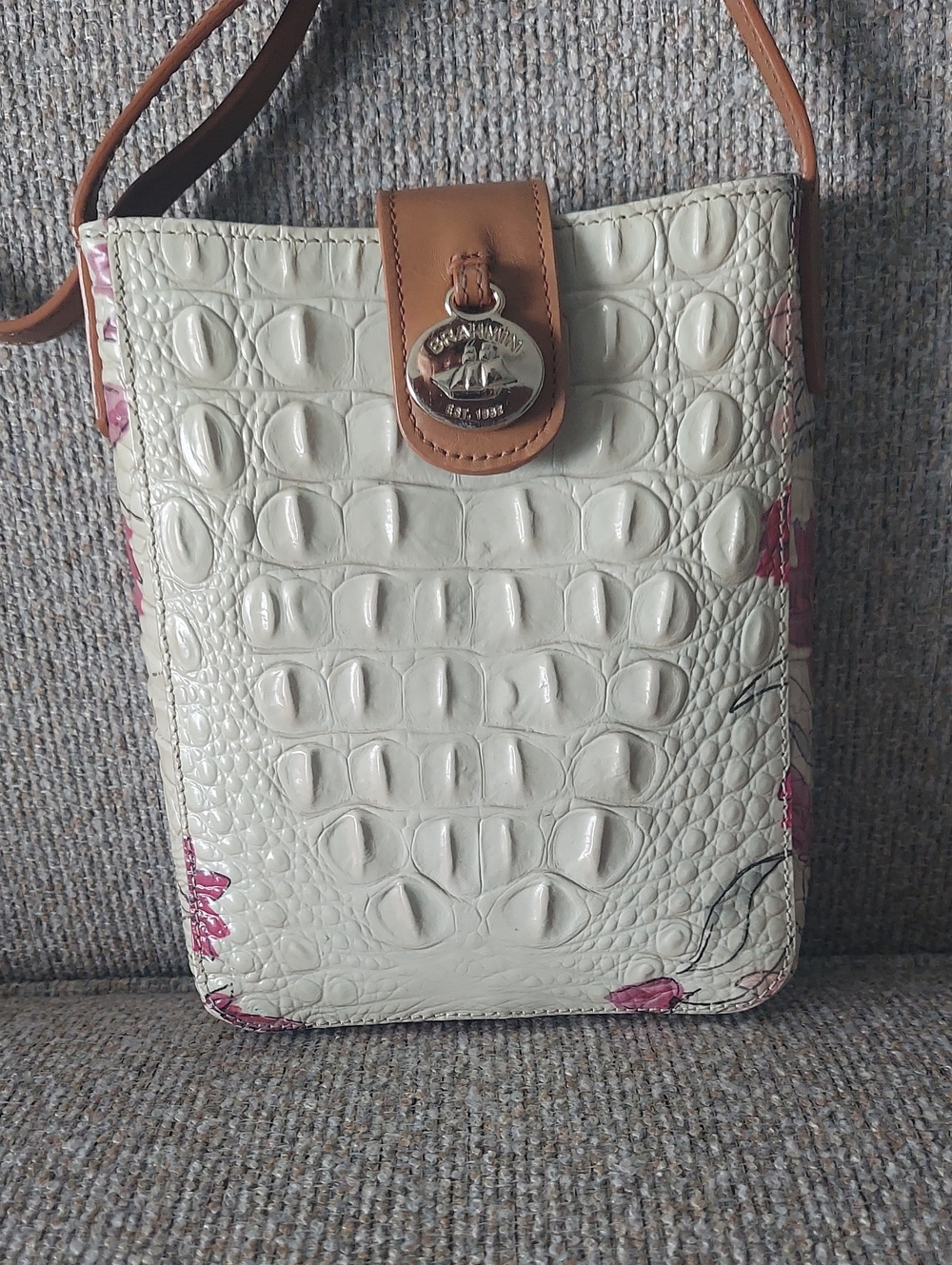 Brahmin Cream Croc-Embossed Crossbody with Pink Floral Trim and Tan Strap